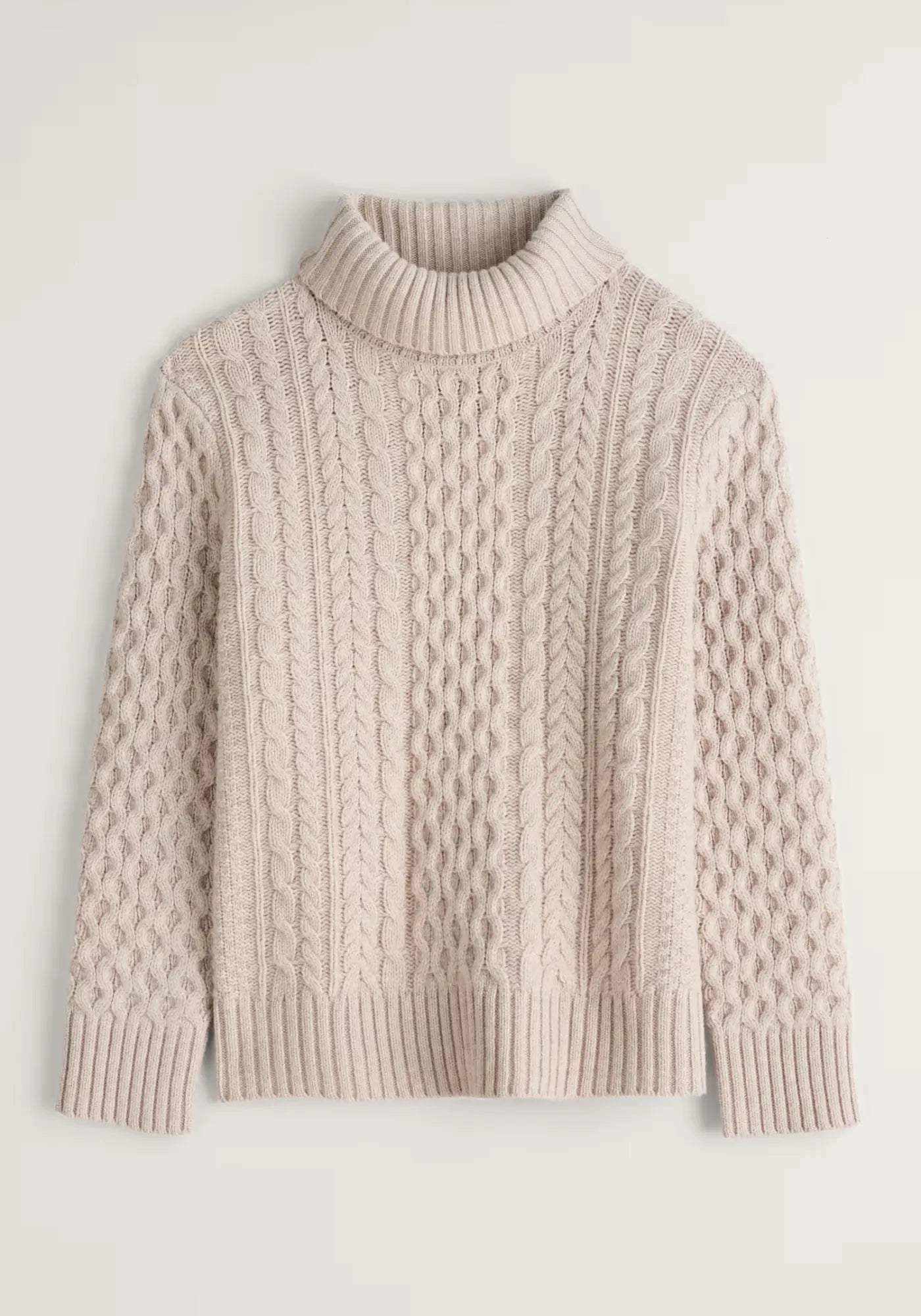 Weißer Damenpullover aus nicht-mulesierter Merinowolle, zertifiziert nach RWS, mit zeitlosem Zopfmuster.