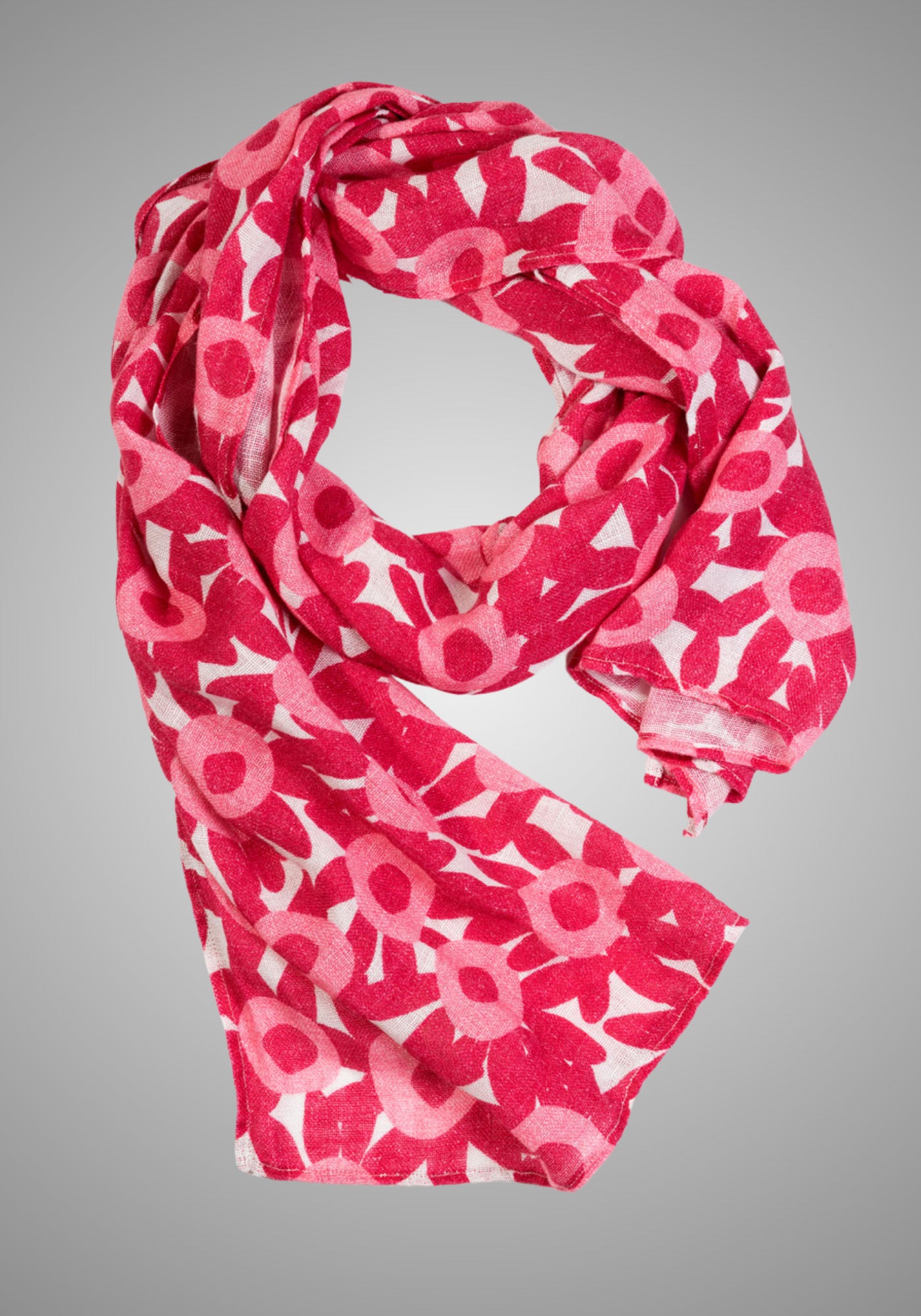 Langer, roter Leinenschal mit floralem Print, gefertigt in Litauen aus 100% Leinen, Maße 55 x 210 cm, pflegeleicht bei 30° Schonwäsche.