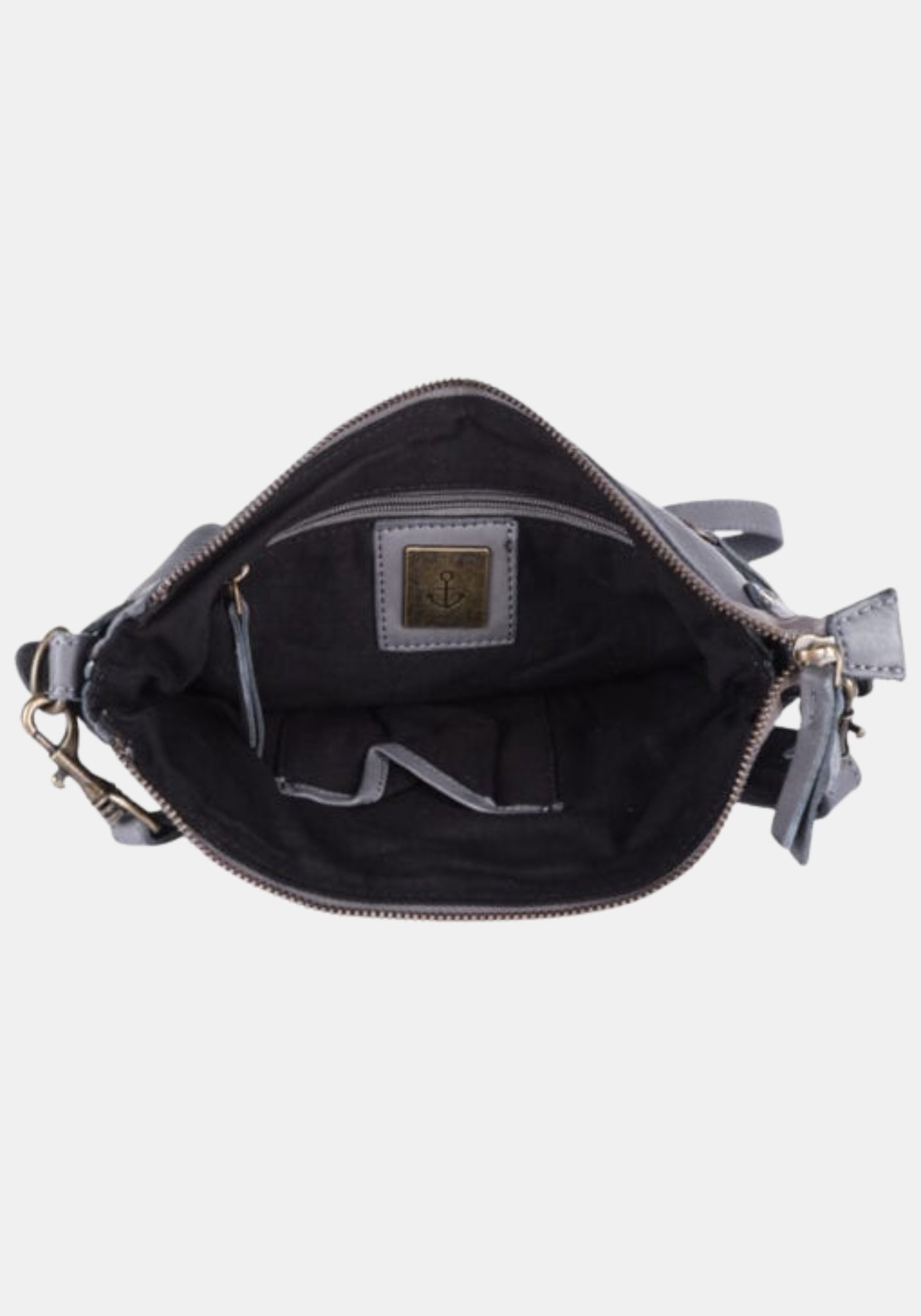 Innenansicht UmhΓ€ngetasche Isalie Harbour 2nd aus geschmeidigem Rindleder β dolphin grey mit Textilfutter | Handyfach & RV-Fach