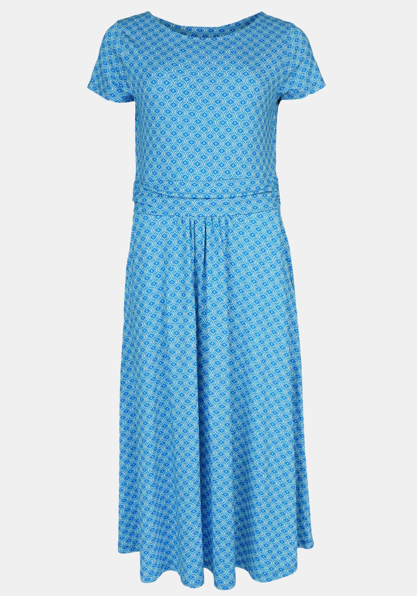 Flach ausgelegtes Sorgenfri Sylt Kleid Malind Summer Tile – lapis | Midilänge mit grafischem Allover‑Print