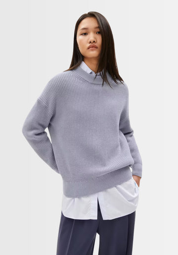 Lifestyle-Aufnahme des HAAYLE Sweaters in „misty morning“, getragen in einem urbanen Outfit. Der nachhaltige Pullover aus 100% Bio-Baumwolle überzeugt mit seinem weichen, rippigen Stoff und lässigen Schnitt – perfekt für einen modernen Alltagslook.