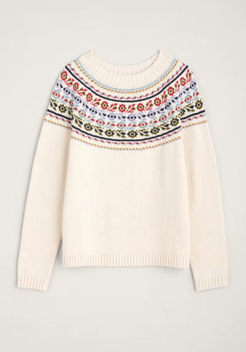Stitch Work Pullover in Weiß mit Rokl-Muster und eleganten Rippabschlüssen. Perfekt für kühle Tage.