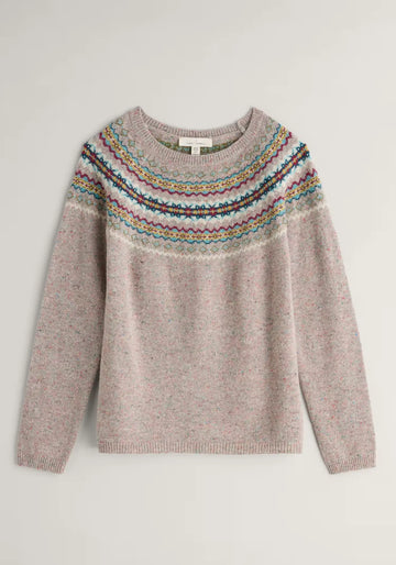 Gemütlicher Strickpullover aus Lammwoll-Mix mit traditionellem Fair-Isle-Muster in lebendigen Farben, perfekt für kalte Tage.